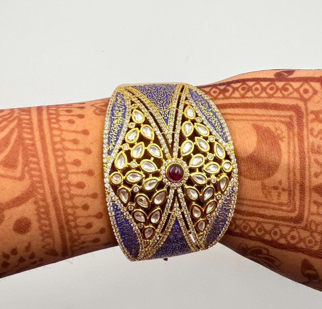 22K Gold Plated Kundan & Blue Meenakari Openable Bracelet | Rajasthani Handcrafted Jewelry | Traditional Cuff | Wedding Enamel jewelry — 8