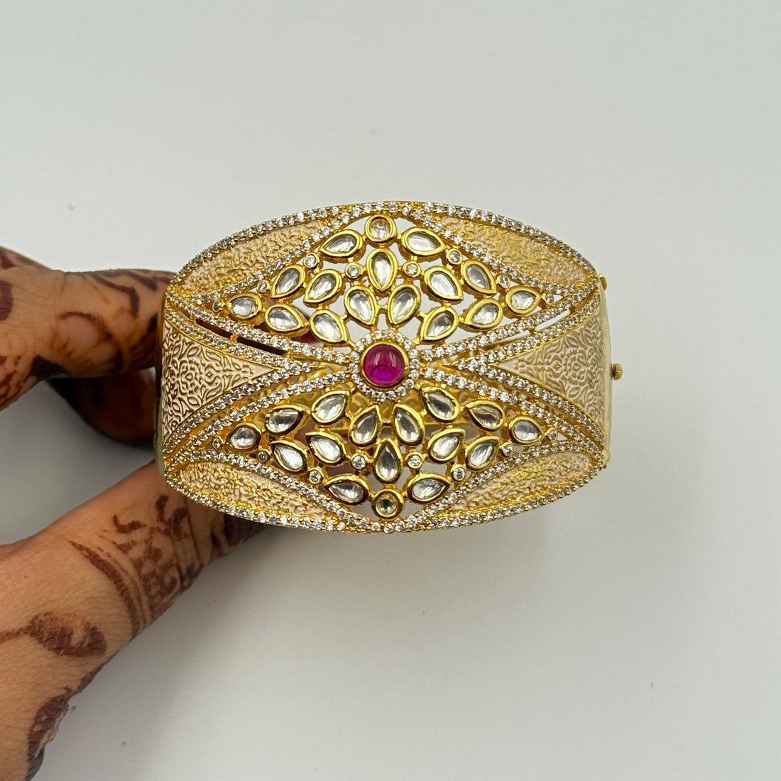 22K Gold Plated Kundan Bracelet Cuffs | Ruby Stone Openable Bangle | Hand Enamel Meenakari Kada | Rajasthani Traditional Indian Jewelry — 4