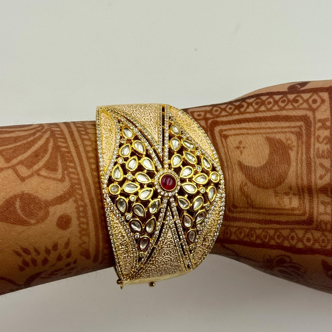 22K Gold Plated Kundan Bracelet Cuffs | Ruby Stone Openable Bangle | Hand Enamel Meenakari Kada | Rajasthani Traditional Indian Jewelry — 7