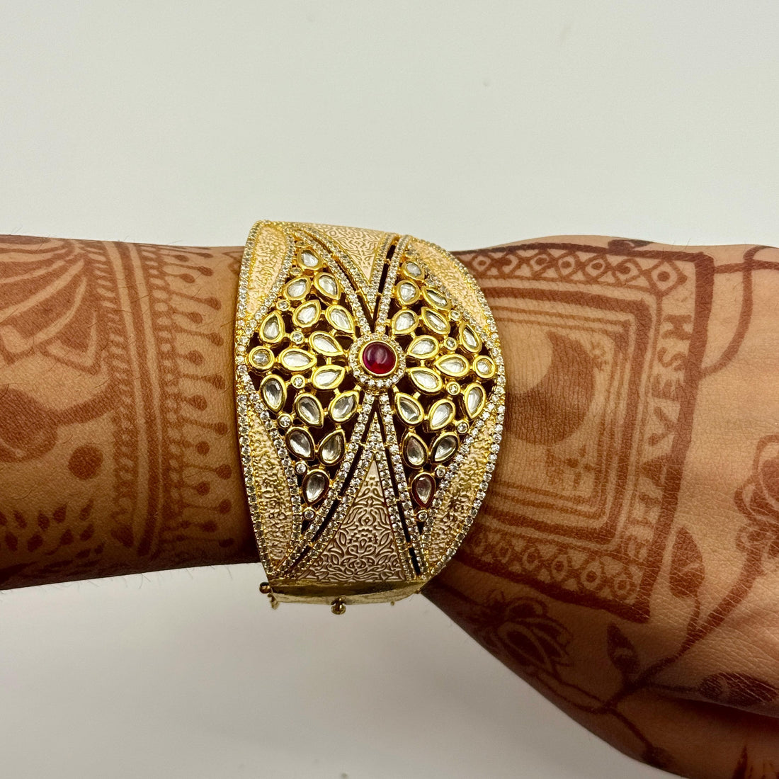 22K Gold Plated Kundan Bracelet Cuffs | Ruby Stone Openable Bangle | Hand Enamel Meenakari Kada | Rajasthani Traditional Indian Jewelry — 8