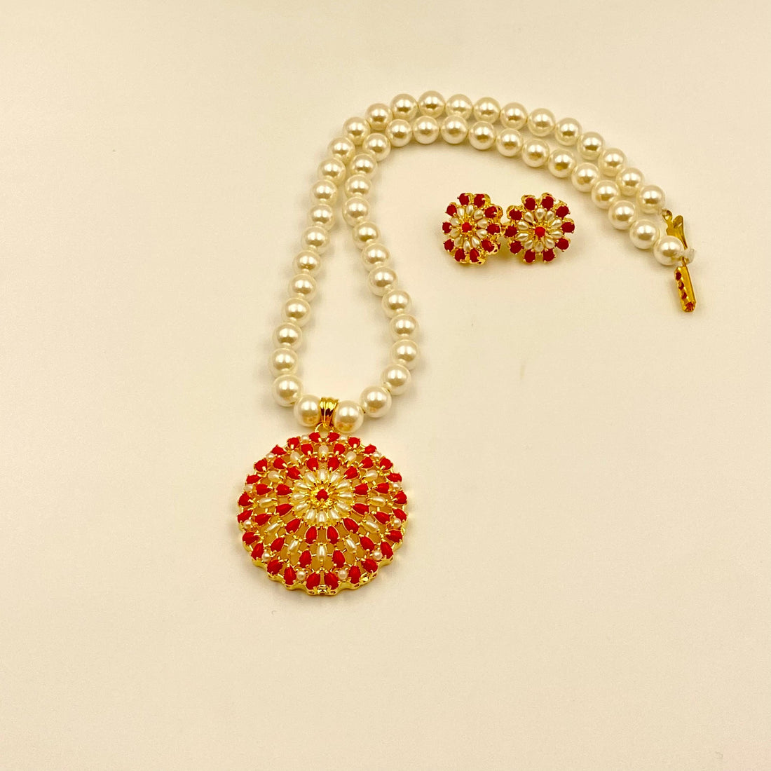 Gold Plated Coral Pearl Pendant Set | Handmade Gemstone Jewelry | Indian Ethnic Necklace Earrings Set | Bridal Wedding Jewelry |Gift for Her — 2