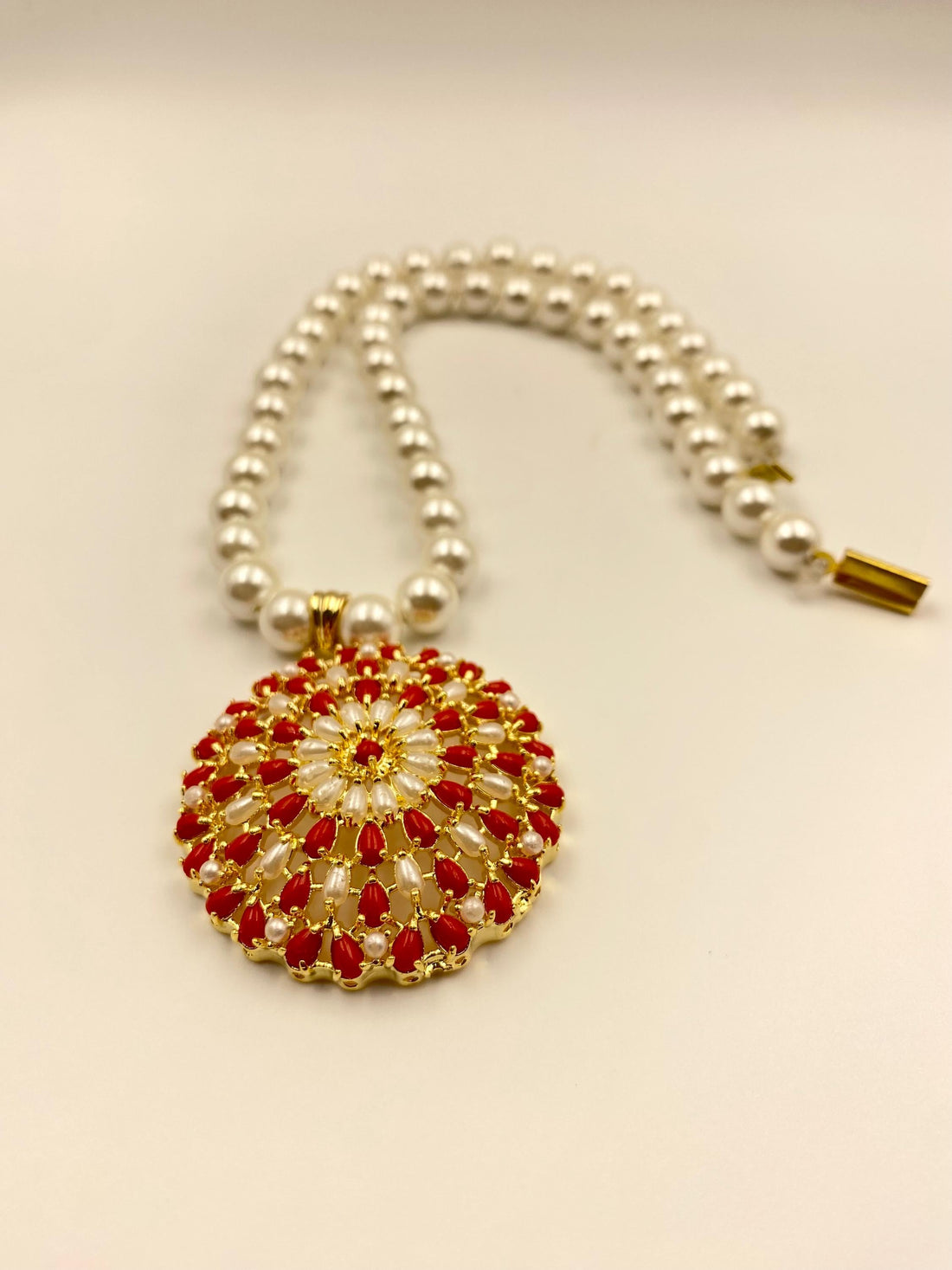 Gold Plated Coral Pearl Pendant Set | Handmade Gemstone Jewelry | Indian Ethnic Necklace Earrings Set | Bridal Wedding Jewelry |Gift for Her — 6
