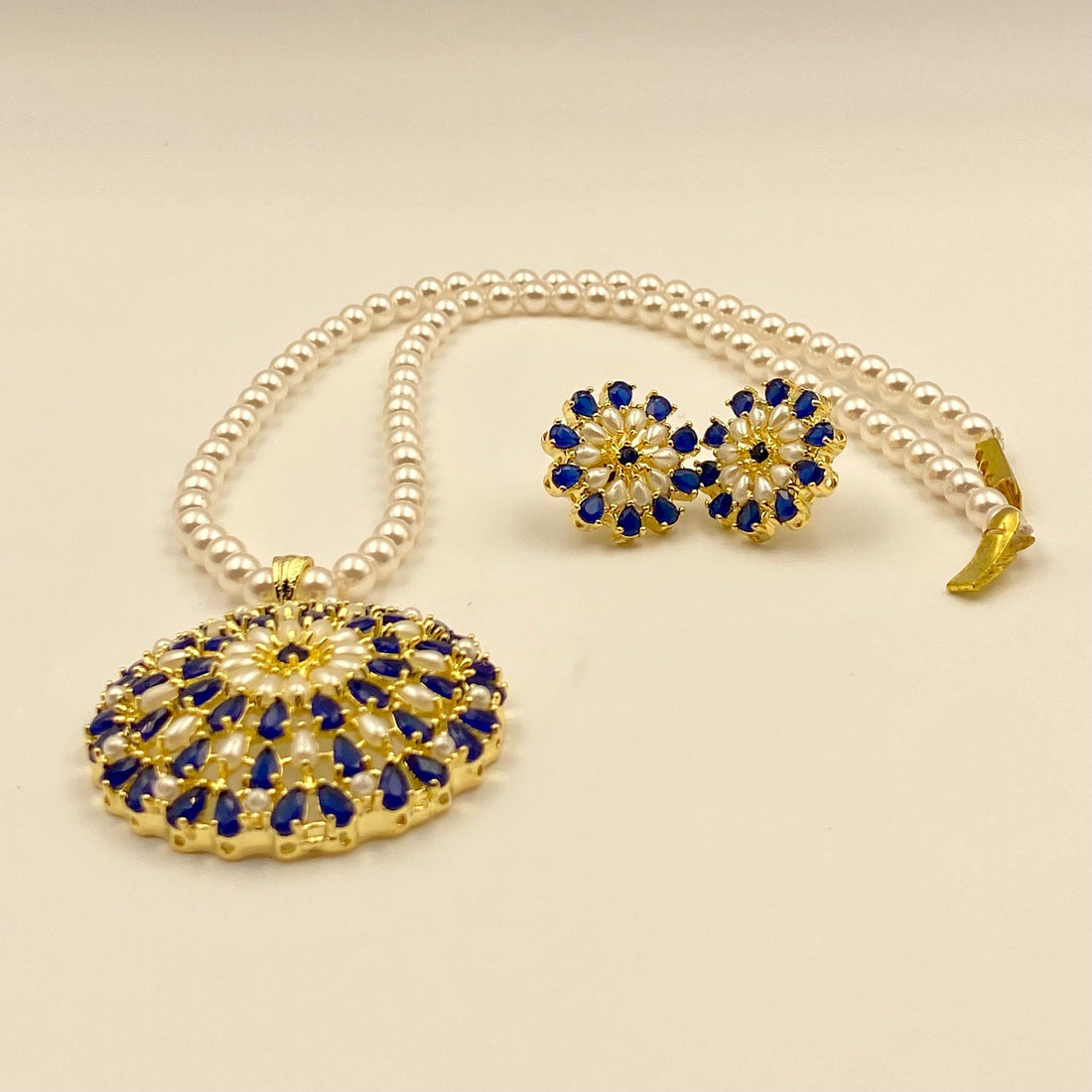 Gold Plated Blue Sapphire Pendant Necklace Set | Handmade Pearl Necklace with Earrings | Elegant Blue Gemstone Jewelry — 3
