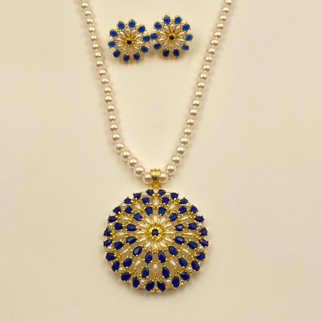 Gold Plated Blue Sapphire Pendant Necklace Set | Handmade Pearl Necklace with Earrings | Elegant Blue Gemstone Jewelry — 4