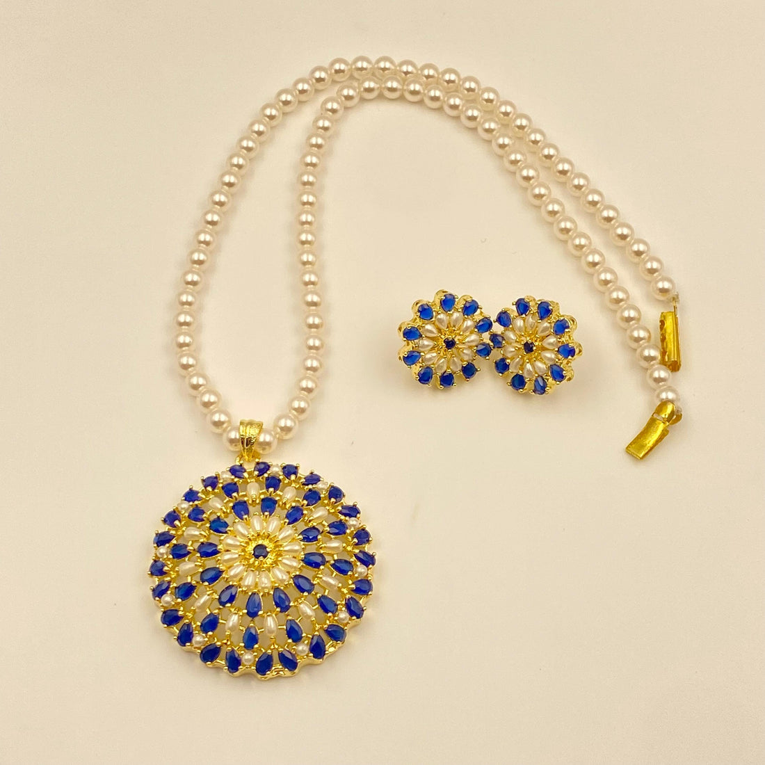 Gold Plated Blue Sapphire Pendant Necklace Set | Handmade Pearl Necklace with Earrings | Elegant Blue Gemstone Jewelry — 2