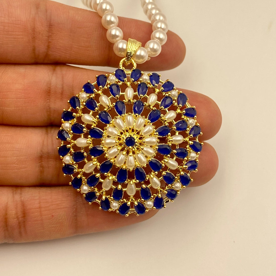 Gold Plated Blue Sapphire Pendant Necklace Set | Handmade Pearl Necklace with Earrings | Elegant Blue Gemstone Jewelry — 8