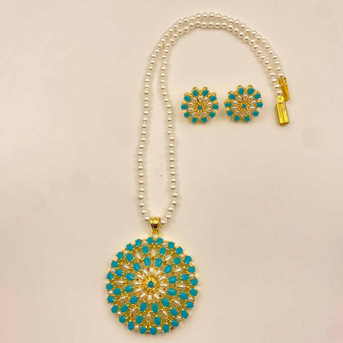 Turquoise Arizona Pendant Necklace & Earrings | Handmade Pearl Gemstone Jewelry | Sky Blue Pendant Necklace | Bridal Necklace  Gift for Her — 2