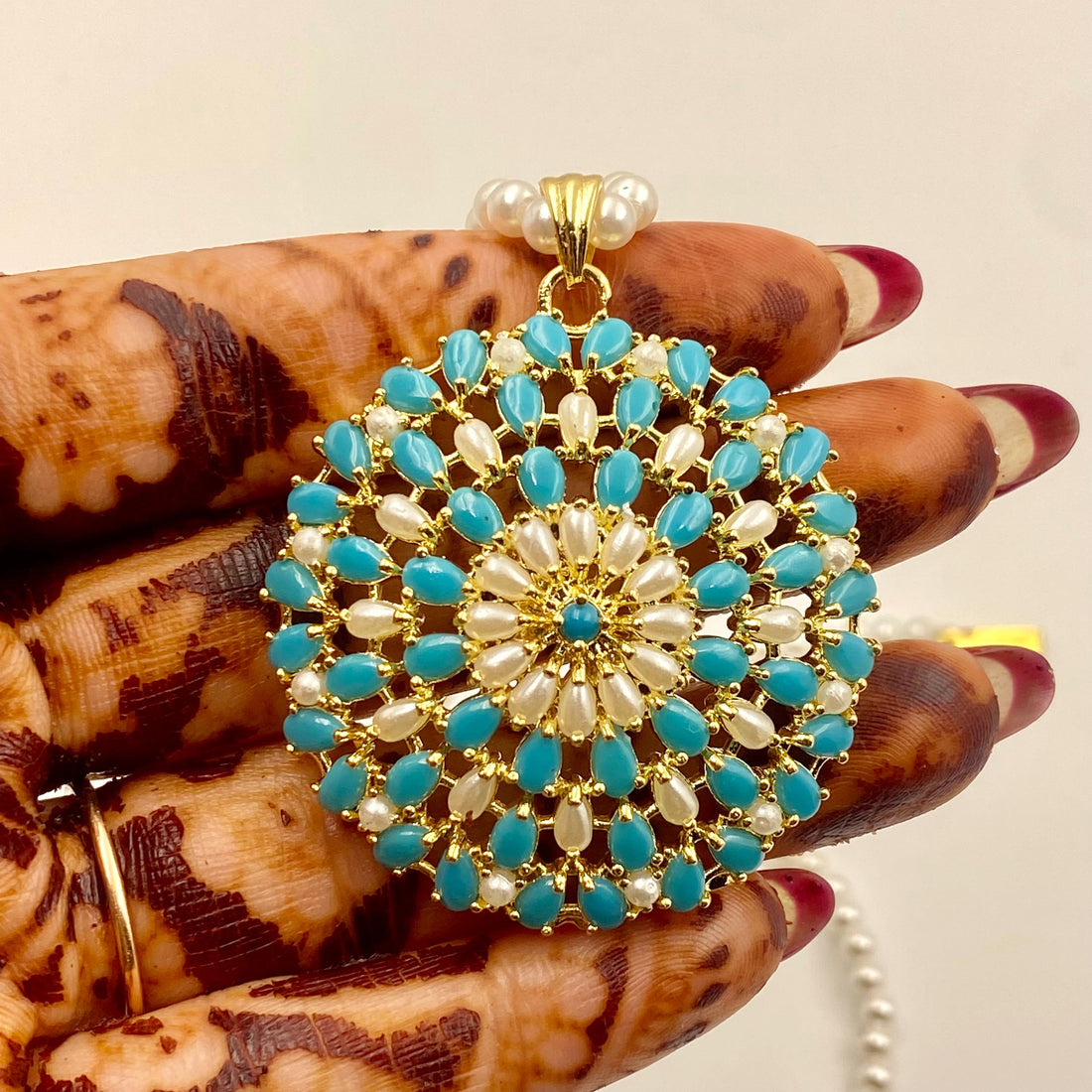Turquoise Arizona Pendant Necklace & Earrings | Handmade Pearl Gemstone Jewelry | Sky Blue Pendant Necklace | Bridal Necklace  Gift for Her — 7