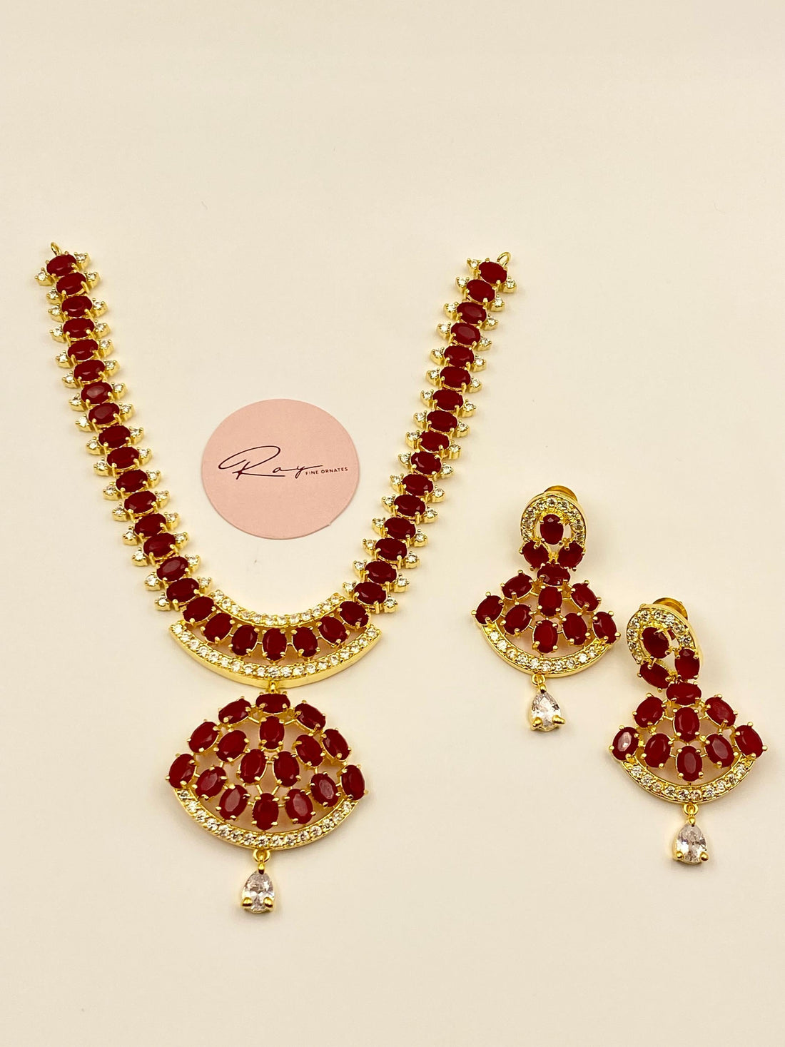 Ruby Swarovski Bridal Necklace Set | Gold Plated Statement Jewelry | Elegant Wedding Necklace | Handmade Red Luxury Gemstone Jewelry — 4
