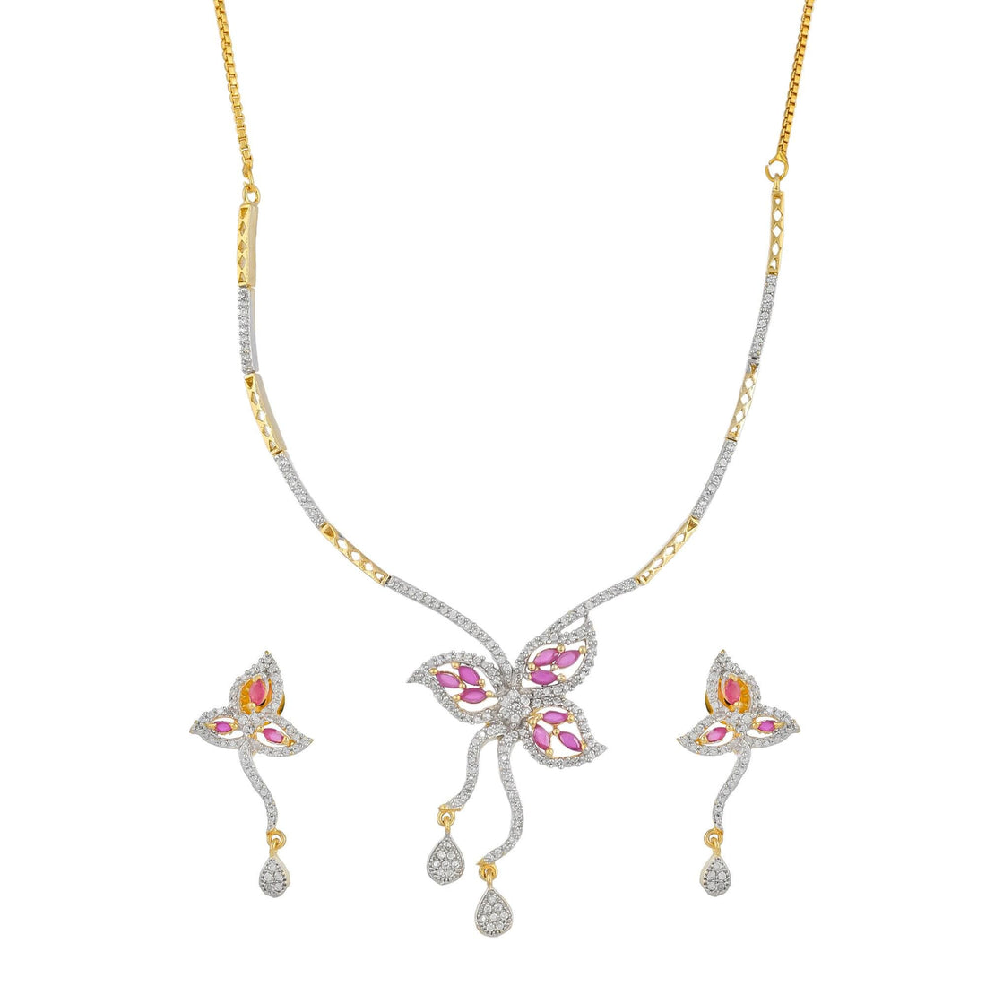 Pink Sapphire & Swarovski Diamond Butterfly Necklace Set | Gold Plated Bridal Jewelry with Earrings | Statement Necklace | Gift for Her — 3