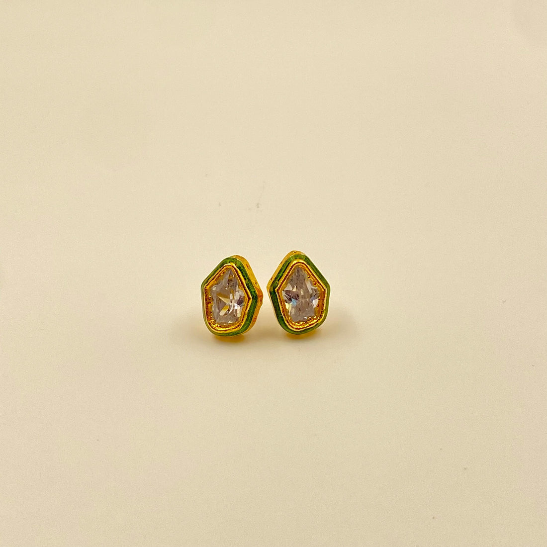 Polki Small Stud Earrings with Green Meenakari Enamel, Gold Plated Indian Earrings, Ethnic Jaipur Jewelry, Handmade Bridal Studs for Women — 2
