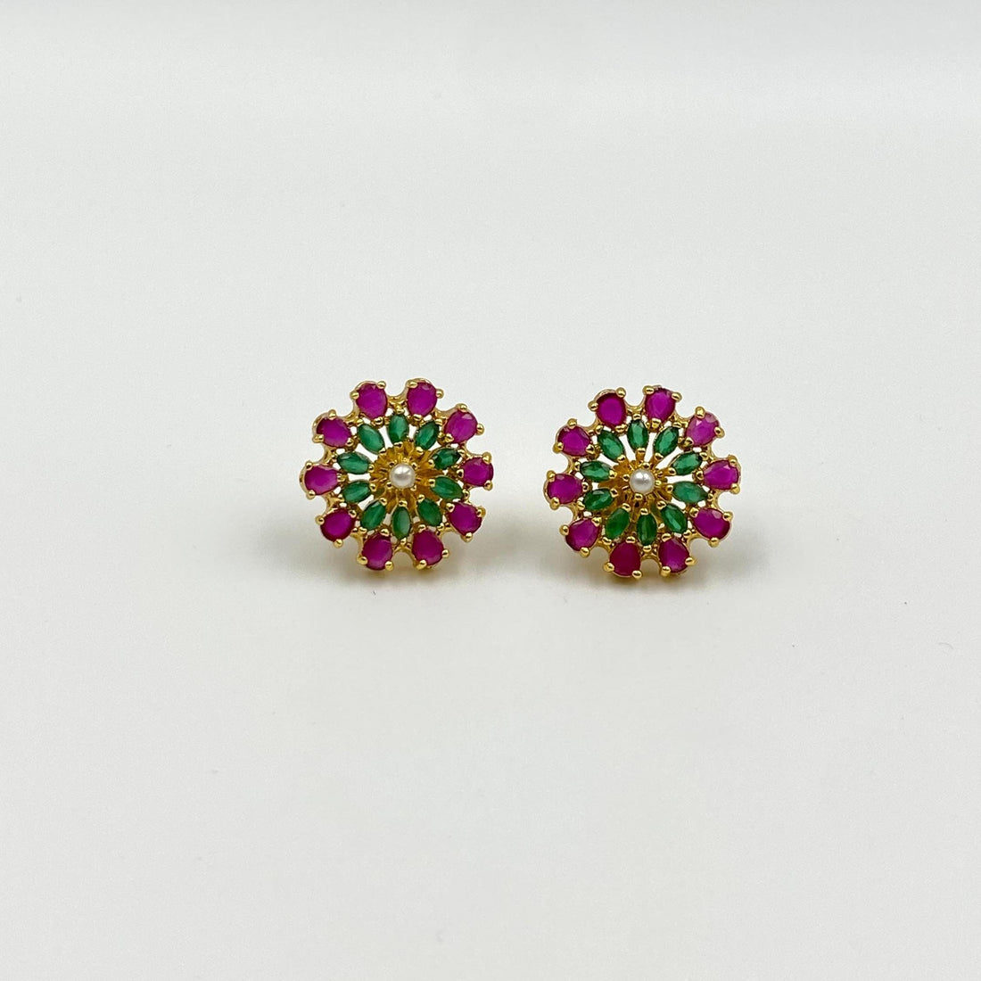 Handcrafted Ruby Green Floral Stud Earrings | Gold-Plated Jewelry | Festive Statement Ear Studs — 3