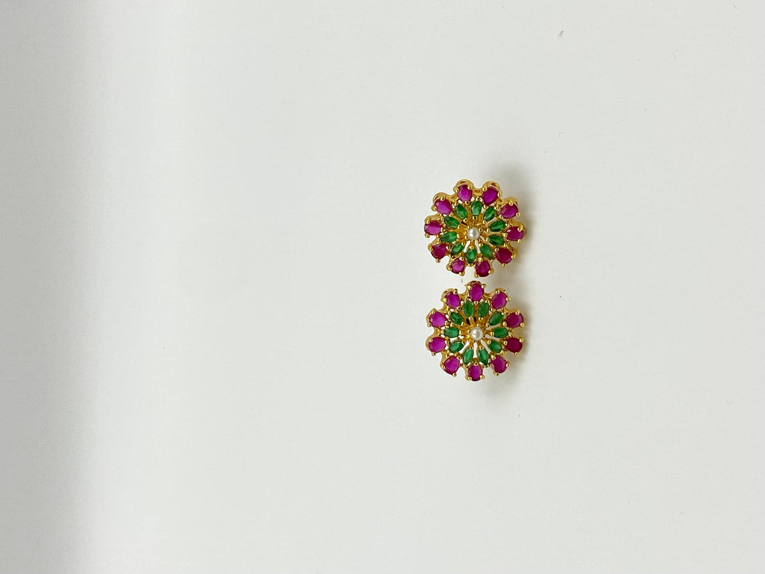 Handcrafted Ruby Green Floral Stud Earrings | Gold-Plated Jewelry | Festive Statement Ear Studs — 7