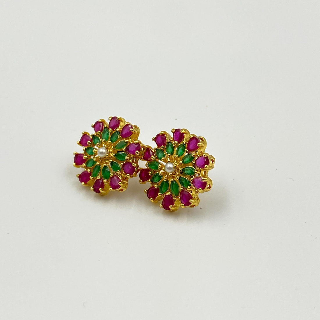 Handcrafted Ruby Green Floral Stud Earrings | Gold-Plated Jewelry | Festive Statement Ear Studs — 5
