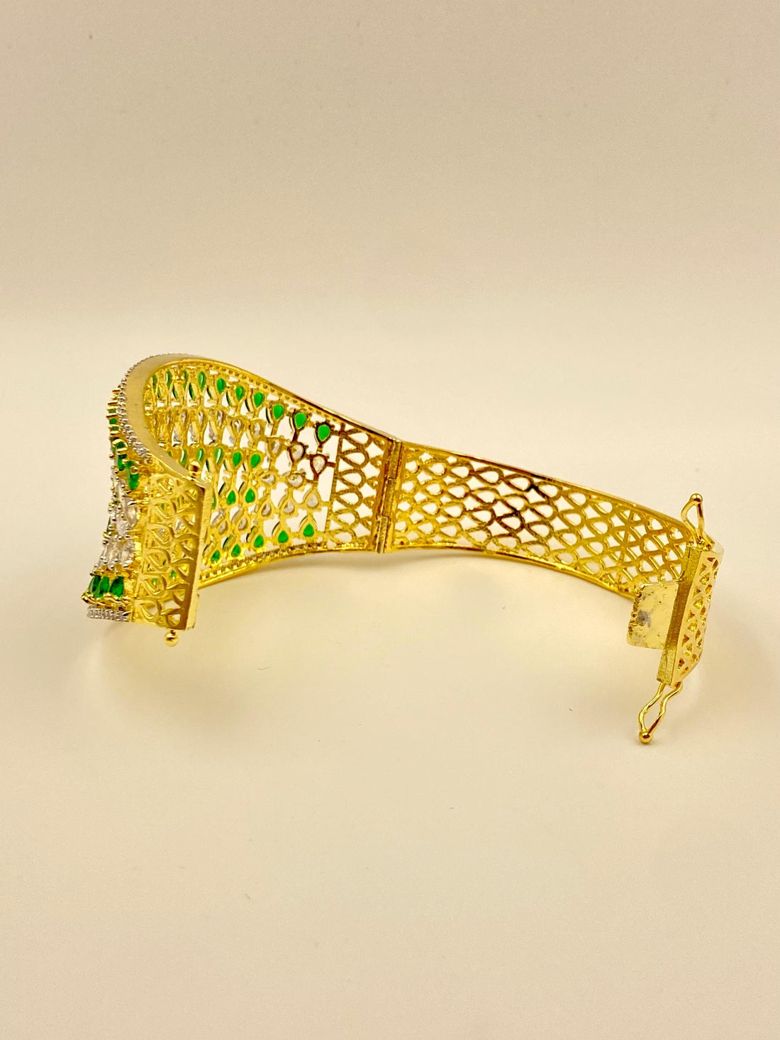 Emerald Teardrop Cuff Bracelet Gold Plated, Crystal Accents, Wide Statement Bangle, Handmade Jewelry, Bridesmaid & Special Occasion Gift — 5