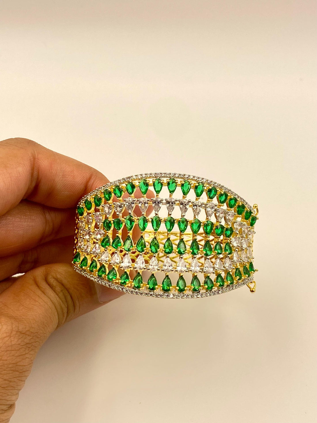 Emerald Teardrop Cuff Bracelet Gold Plated, Crystal Accents, Wide Statement Bangle, Handmade Jewelry, Bridesmaid & Special Occasion Gift — 8