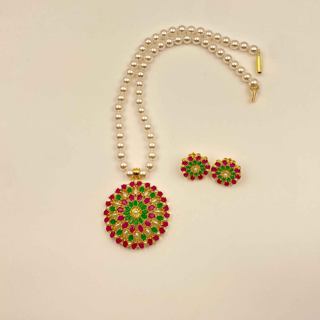 Handmade Pearl Beaded Pendant Necklace & Earrings | 22K Gold Plated Ruby Emerald Jewelry | South Indian Bridal Wedding Necklace — 7