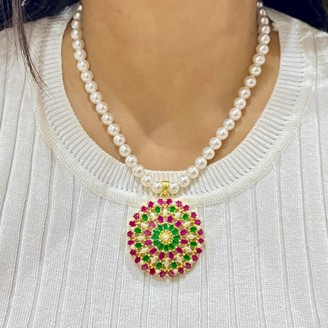 Handmade Pearl Beaded Pendant Necklace & Earrings | 22K Gold Plated Ruby Emerald Jewelry | South Indian Bridal Wedding Necklace — 2
