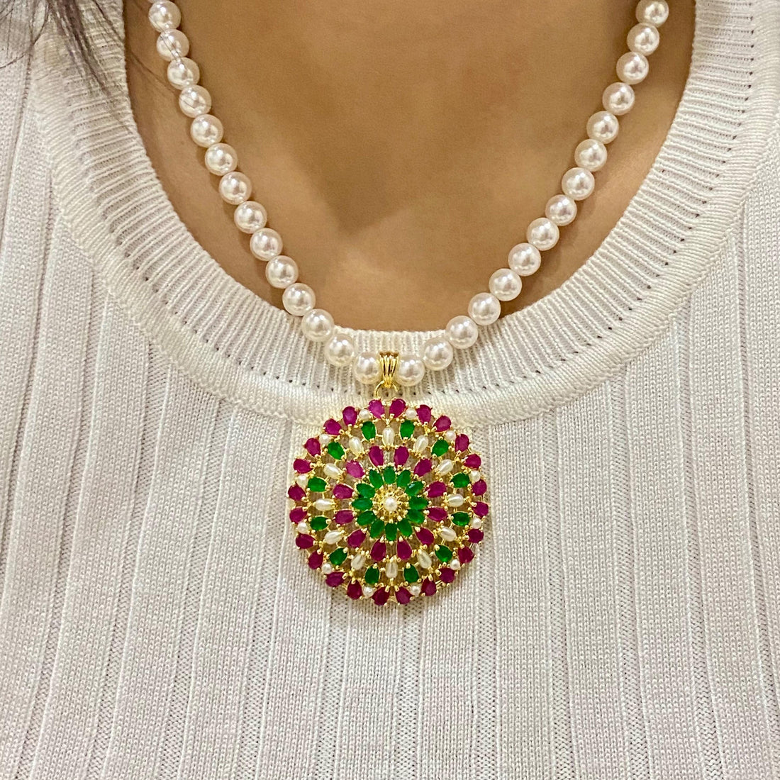 Handmade Pearl Beaded Pendant Necklace & Earrings | 22K Gold Plated Ruby Emerald Jewelry | South Indian Bridal Wedding Necklace — 4