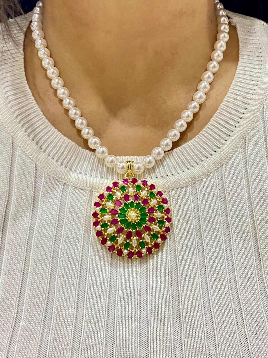 Handmade Pearl Beaded Pendant Necklace & Earrings | 22K Gold Plated Ruby Emerald Jewelry | South Indian Bridal Wedding Necklace — 8