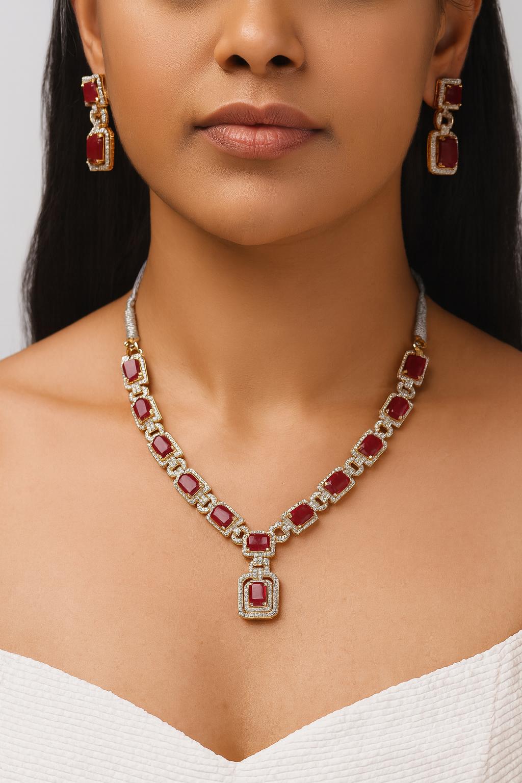 22K Gold Plated Premium Ruby Y Necklace | Handmade Red Stone Statement Jewelry | Elegant Diamond Necklace for Women | Bridal Gift — 2