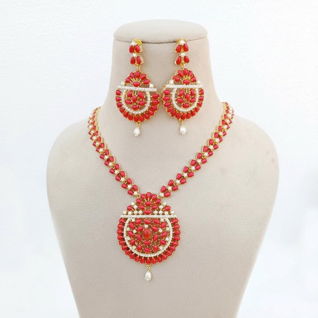 Coral & Pearl Long Necklace Set | 22K Gold Plated South Indian Bridal Wedding Jewelry | Dual Gemstone Statement Necklace | Gift for Women — 3