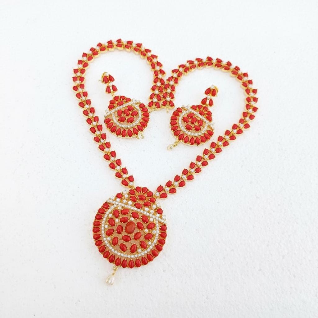 Coral & Pearl Long Necklace Set | 22K Gold Plated South Indian Bridal Wedding Jewelry | Dual Gemstone Statement Necklace | Gift for Women — 5