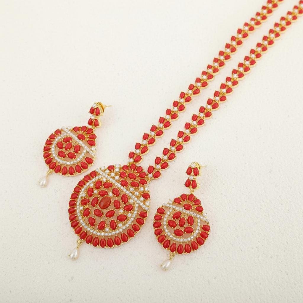 Coral & Pearl Long Necklace Set | 22K Gold Plated South Indian Bridal Wedding Jewelry | Dual Gemstone Statement Necklace | Gift for Women — 7