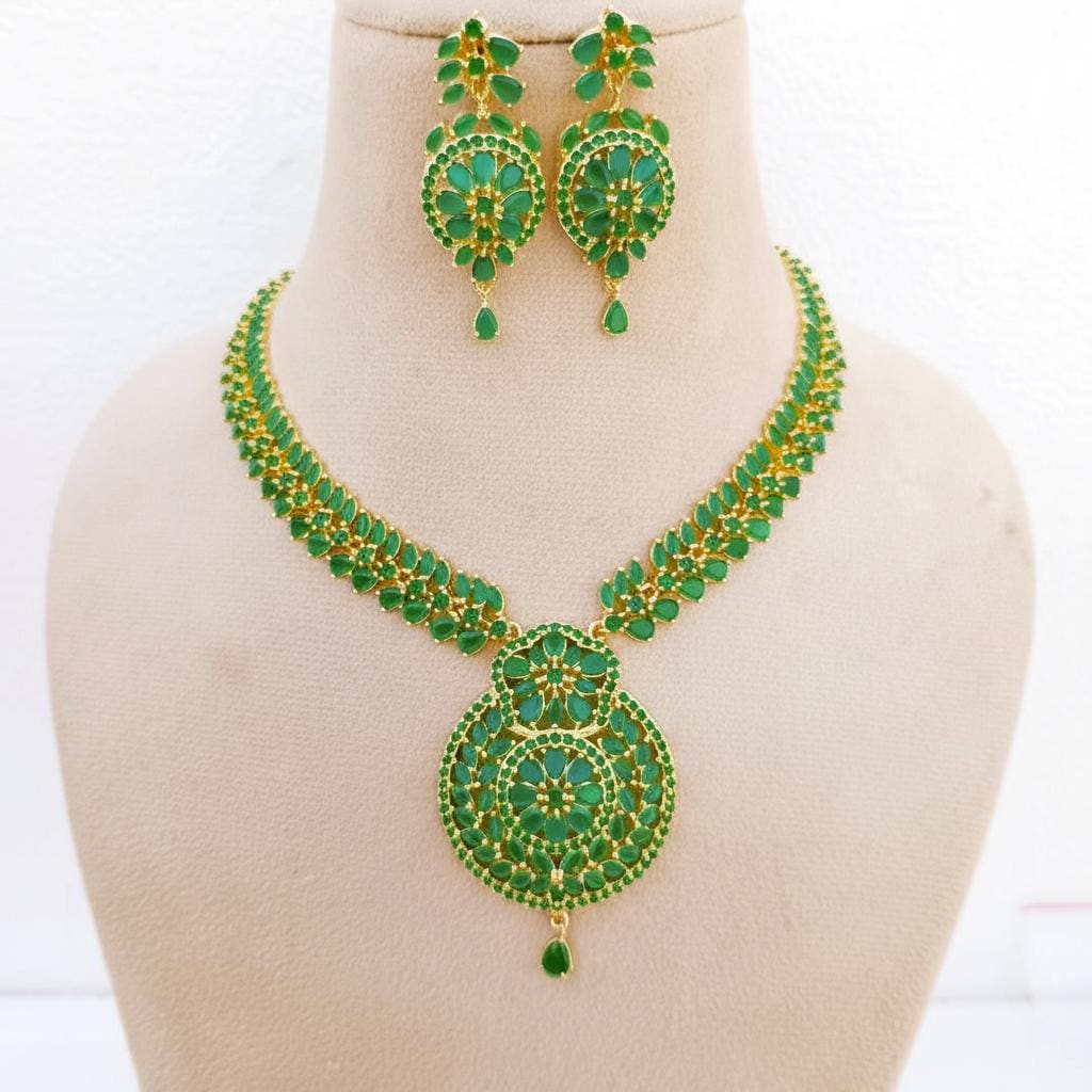 Emerald Green Long Necklace Set | 22K Gold Plated Indian Jewelry | Handmade Bridal Haar | Statement Wedding Set — 5
