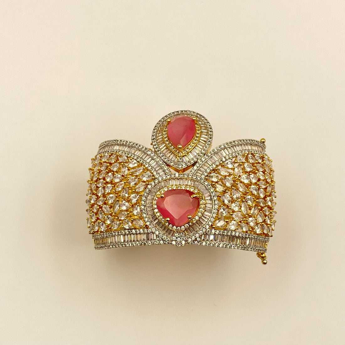 22K Yellow Gold Plated Pink Stone Bracelet | Luxury CZ Diamond Cuff | Statement Bridal Bangle | Elegant Handmade Jewelry Gift for Her — 5