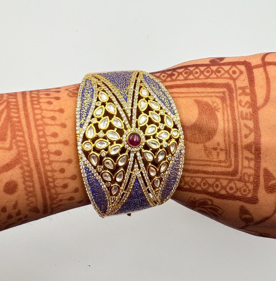 22K Gold Plated Kundan & Blue Meenakari Openable Bracelet | Rajasthani Handcrafted Jewelry | Traditional Cuff | Wedding Enamel jewelry — 7