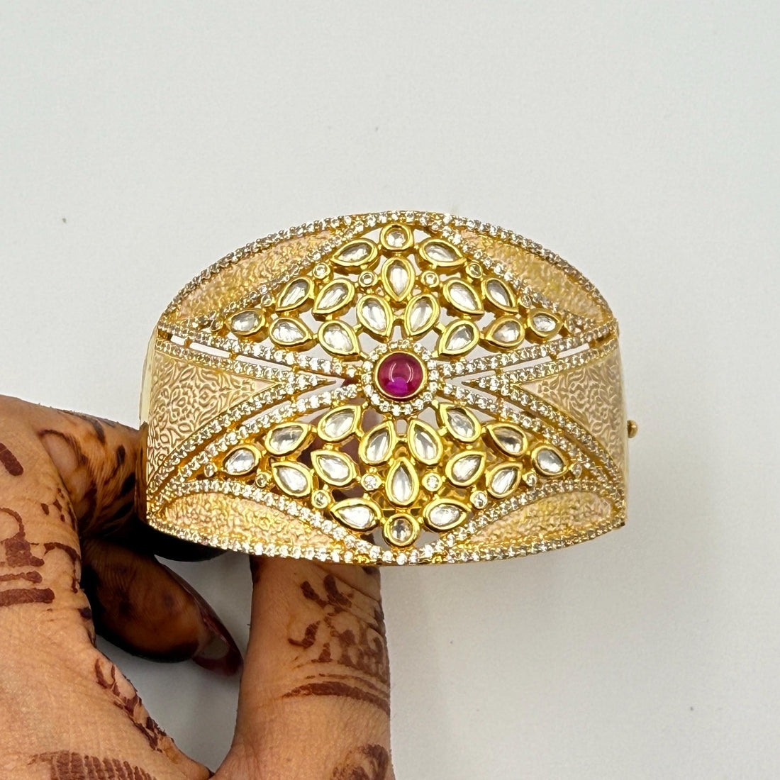 22K Gold Plated Kundan Bracelet Cuffs | Ruby Stone Openable Bangle | Hand Enamel Meenakari Kada | Rajasthani Traditional Indian Jewelry — 3