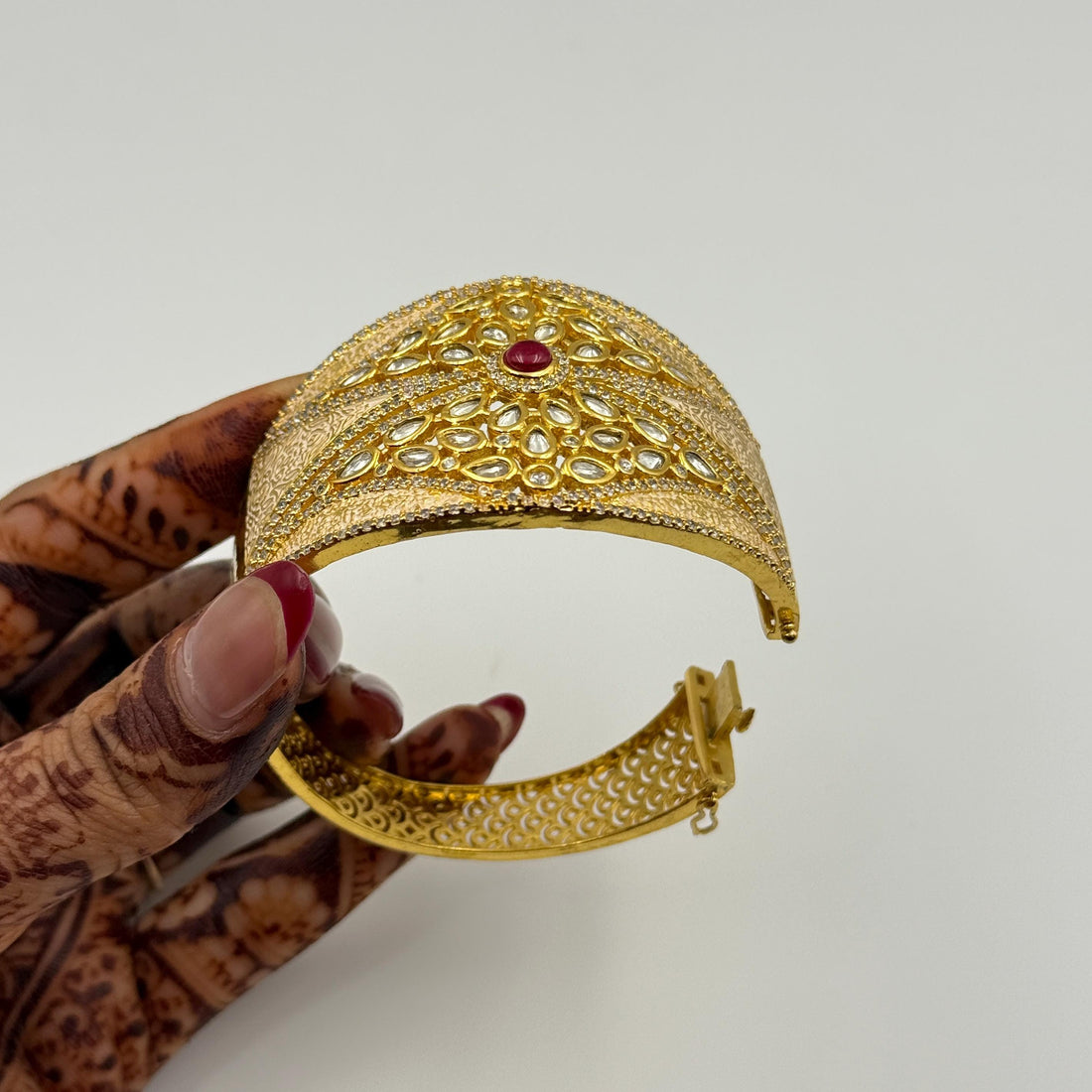 22K Gold Plated Kundan Bracelet Cuffs | Ruby Stone Openable Bangle | Hand Enamel Meenakari Kada | Rajasthani Traditional Indian Jewelry — 6