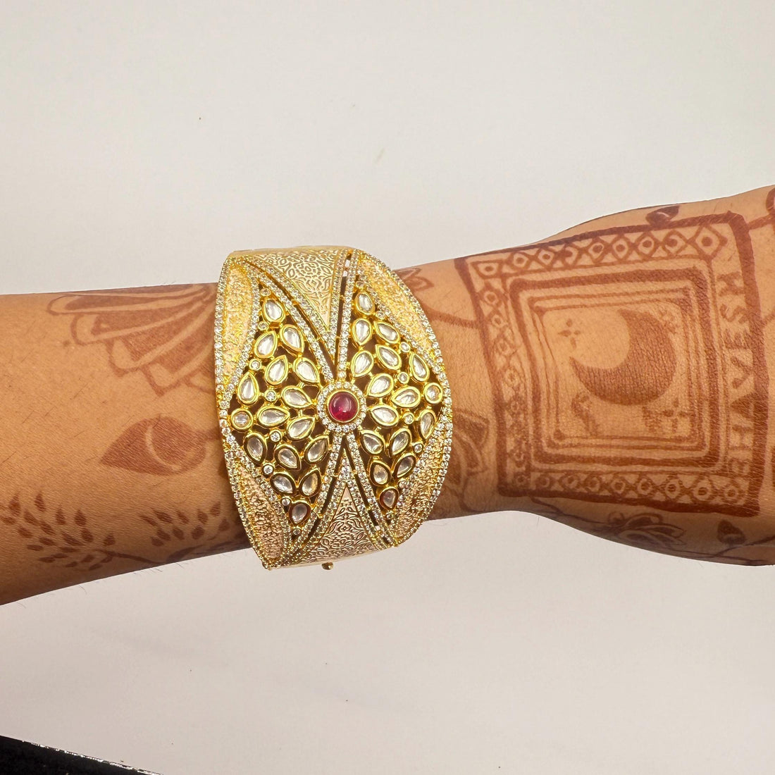 22K Gold Plated Kundan Bracelet Cuffs | Ruby Stone Openable Bangle | Hand Enamel Meenakari Kada | Rajasthani Traditional Indian Jewelry — 2