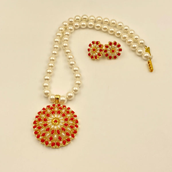 Gold Plated Coral Pearl Pendant Set | Handmade Gemstone Jewelry | Indian Ethnic Necklace Earrings Set | Bridal Wedding Jewelry |Gift for Her