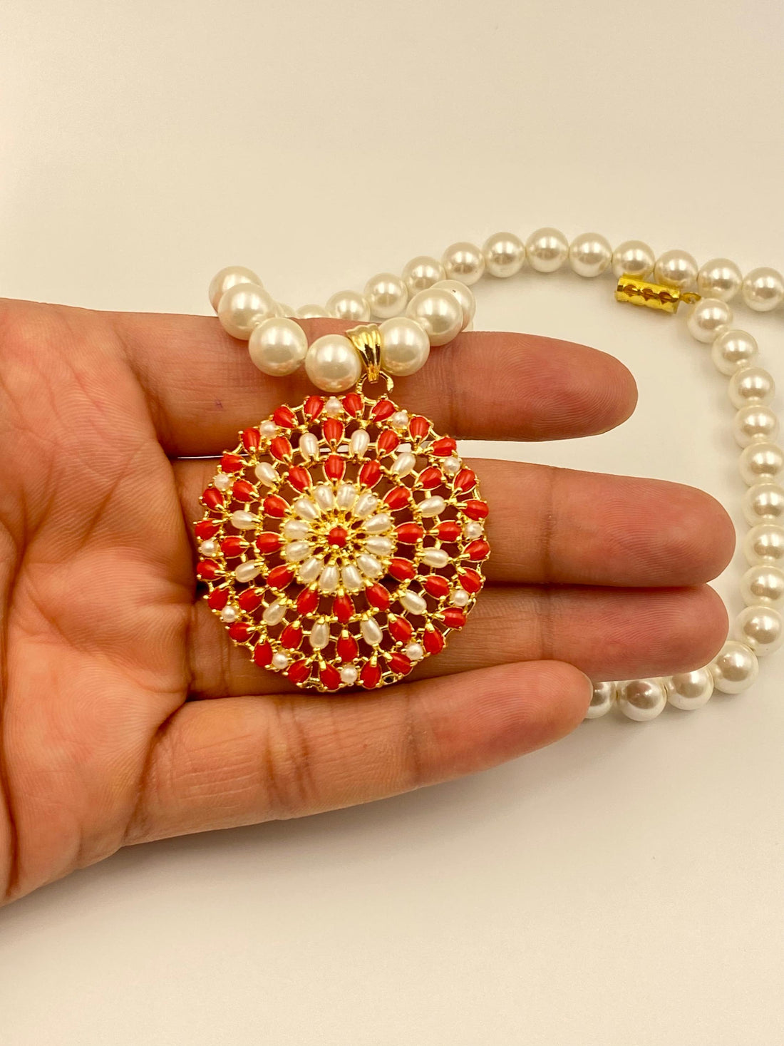 Gold Plated Coral Pearl Pendant Set | Handmade Gemstone Jewelry | Indian Ethnic Necklace Earrings Set | Bridal Wedding Jewelry |Gift for Her — 7