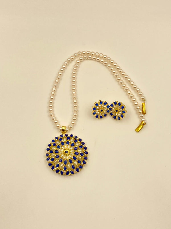 Gold Plated Blue Sapphire Pendant Necklace Set | Handmade Pearl Necklace with Earrings | Elegant Blue Gemstone Jewelry