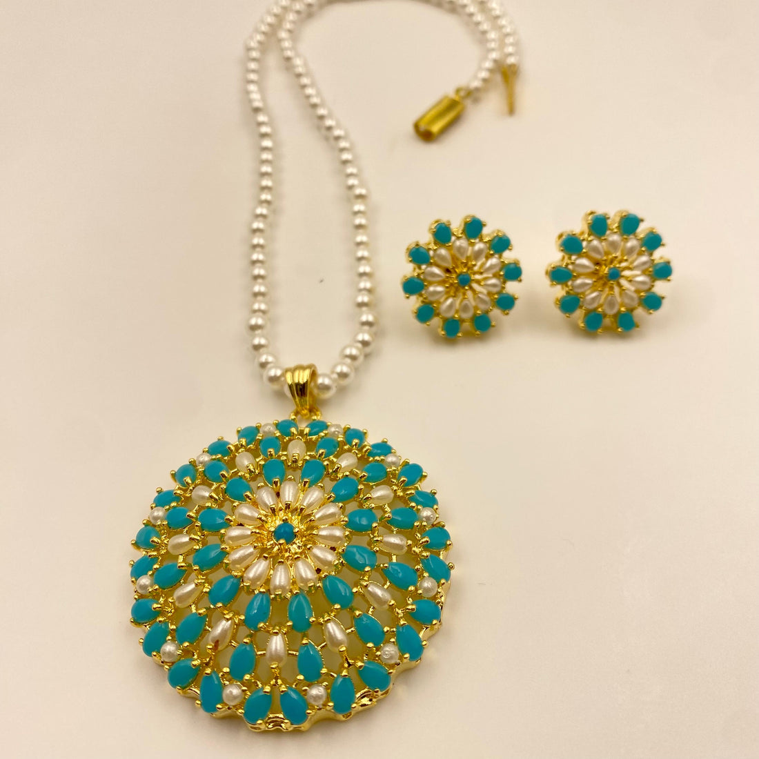 Turquoise Arizona Pendant Necklace & Earrings | Handmade Pearl Gemstone Jewelry | Sky Blue Pendant Necklace | Bridal Necklace  Gift for Her — 3
