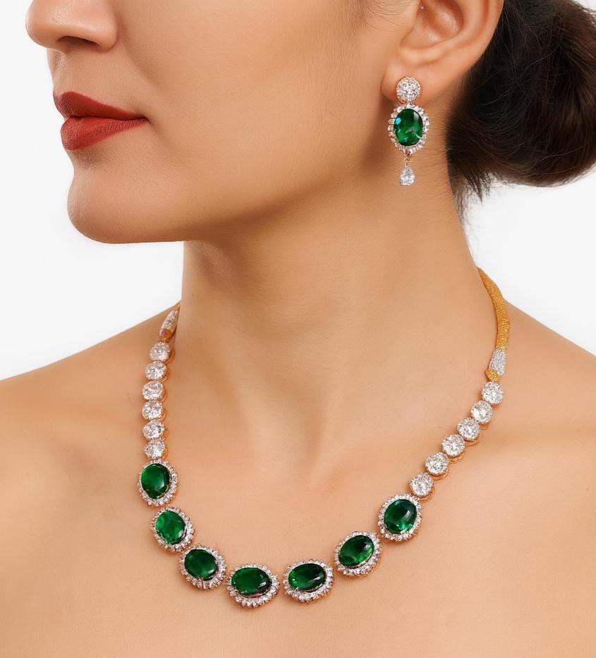 Luxury Emerald CZ Necklace Set | Gold Plated Bridal Jewelry | Green Crystal Choker with Earrings | Handmade Gemstone Necklace