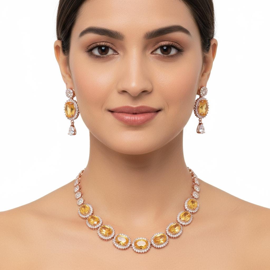 18K Rose Gold Plated Yellow Stone Necklace | Yellow Topaz Gemstone Jewelry | Indian Wedding Necklace | Engagement Necklace | Gift For Her — 5