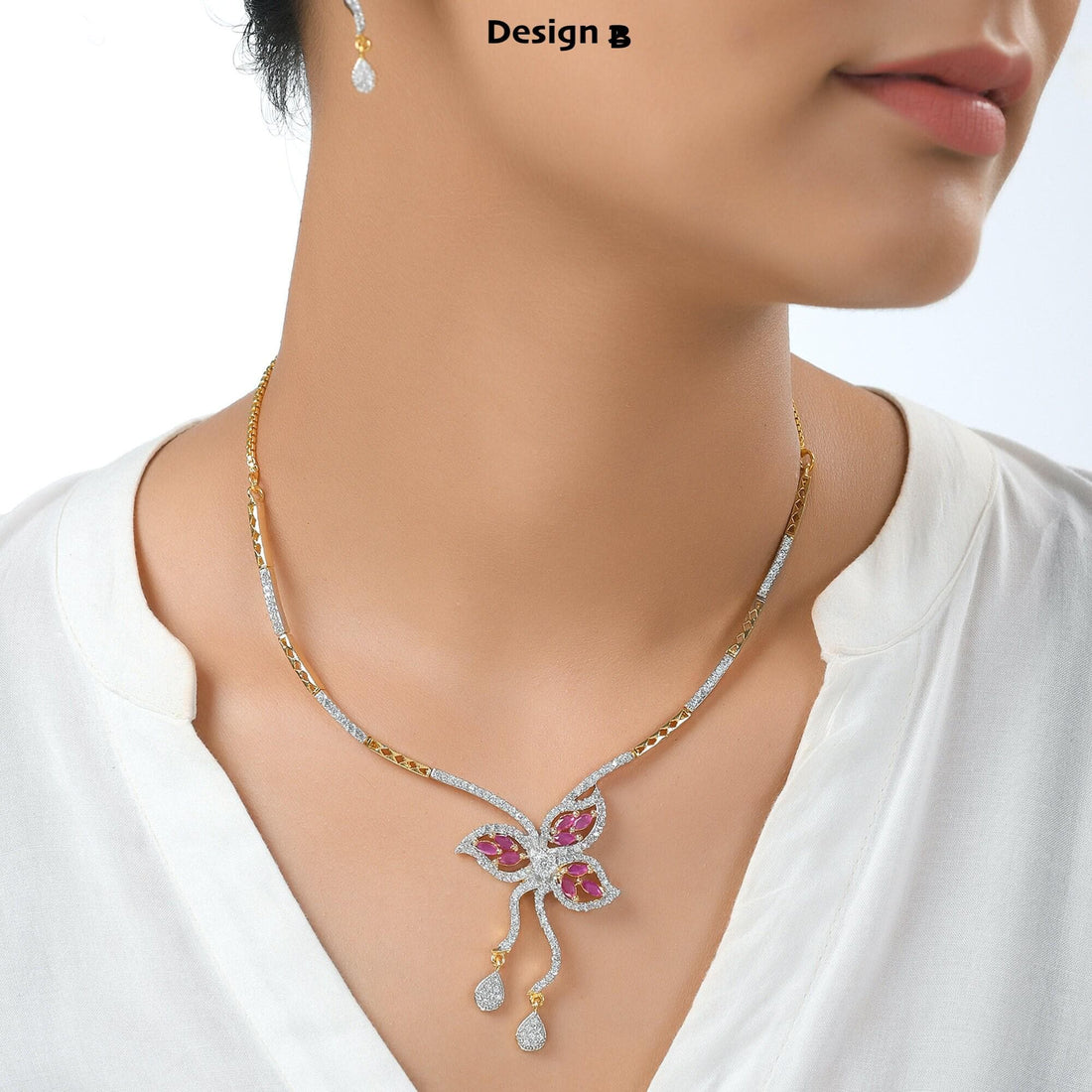 Pink Sapphire & Swarovski Diamond Butterfly Necklace Set | Gold Plated Bridal Jewelry with Earrings | Statement Necklace | Gift for Her — 2