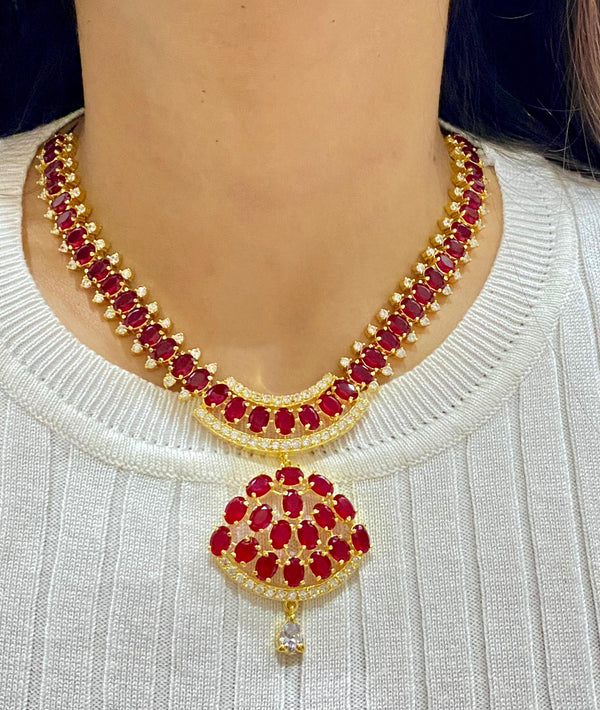 Ruby Swarovski Bridal Necklace Set | Gold Plated Statement Jewelry | Elegant Wedding Necklace | Handmade Red Luxury Gemstone Jewelry