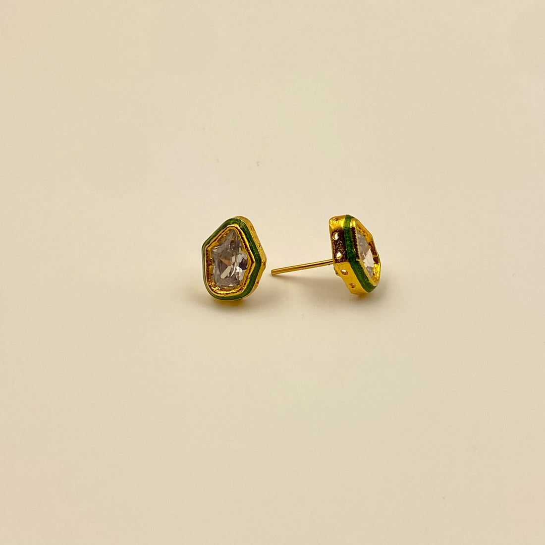Polki Small Stud Earrings with Green Meenakari Enamel, Gold Plated Indian Earrings, Ethnic Jaipur Jewelry, Handmade Bridal Studs for Women — 3