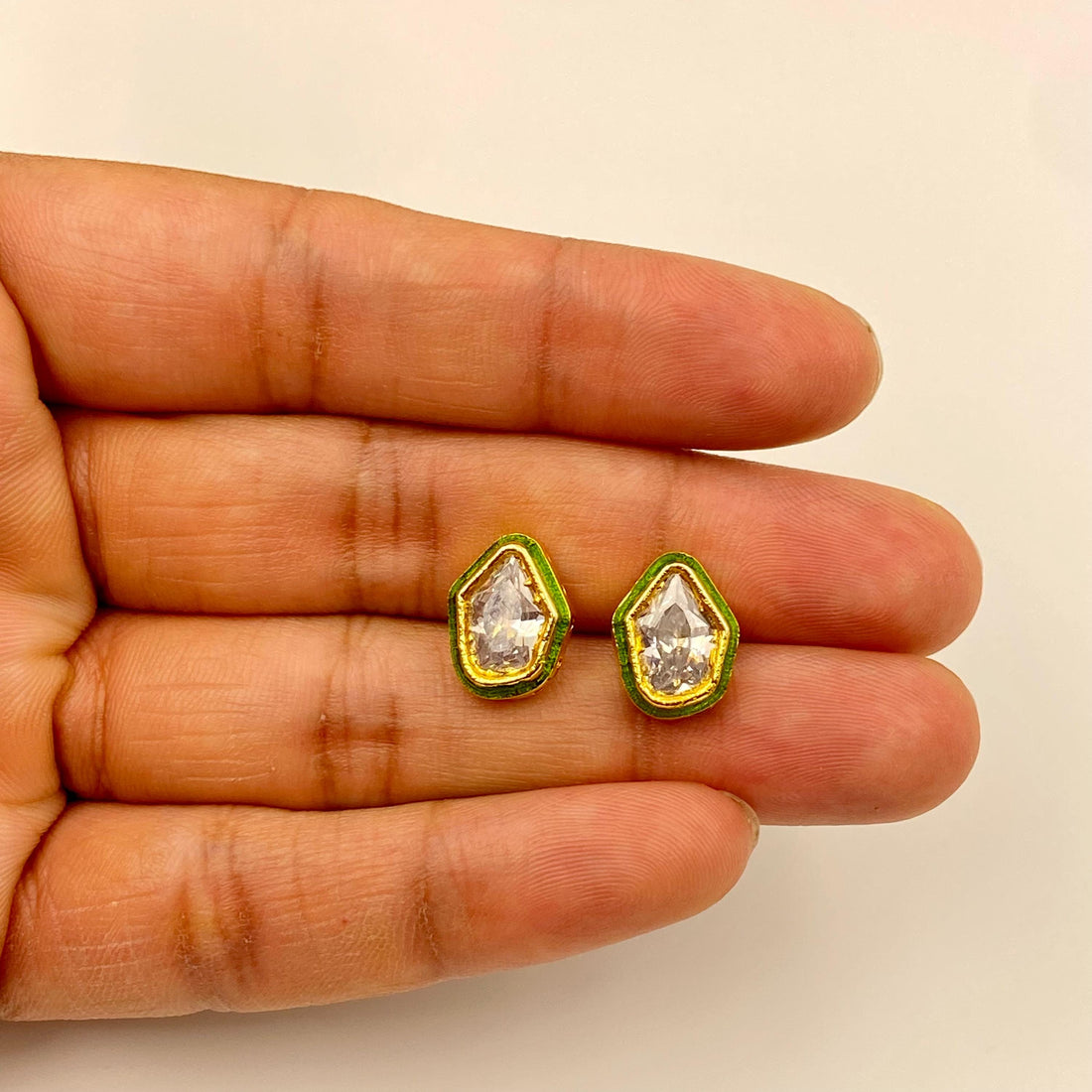 Polki Small Stud Earrings with Green Meenakari Enamel, Gold Plated Indian Earrings, Ethnic Jaipur Jewelry, Handmade Bridal Studs for Women — 6