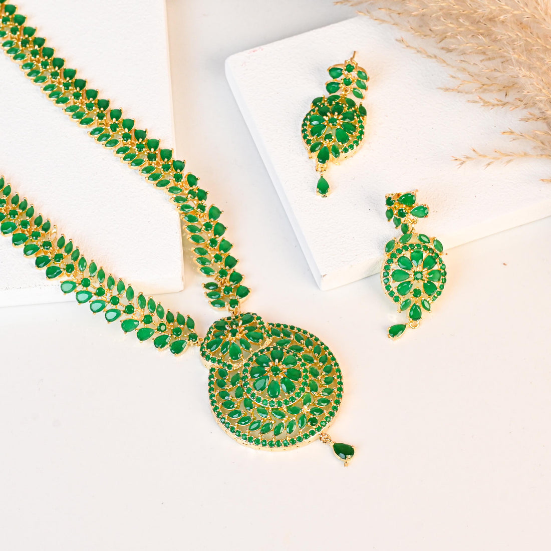 Emerald Green Long Necklace Set | 22K Gold Plated Indian Jewelry | Handmade Bridal Haar | Statement Wedding Set — 2