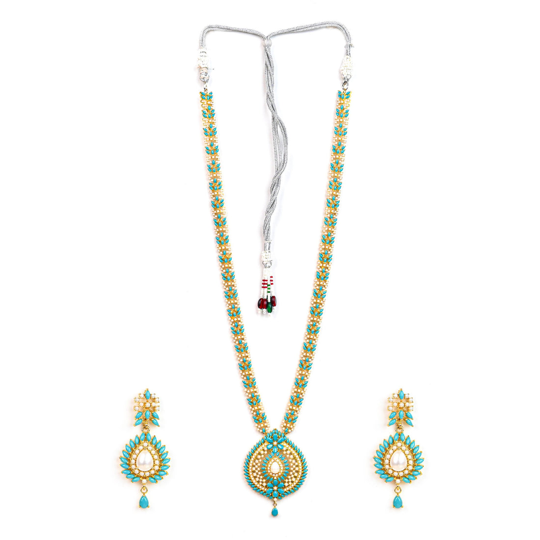 Turquoise & Pearl Long Handmade Jewelry Set | 22K Gold Plated Indian Necklace | Traditional South Indian Haram | Bridal Ethnic Jewelry — 4