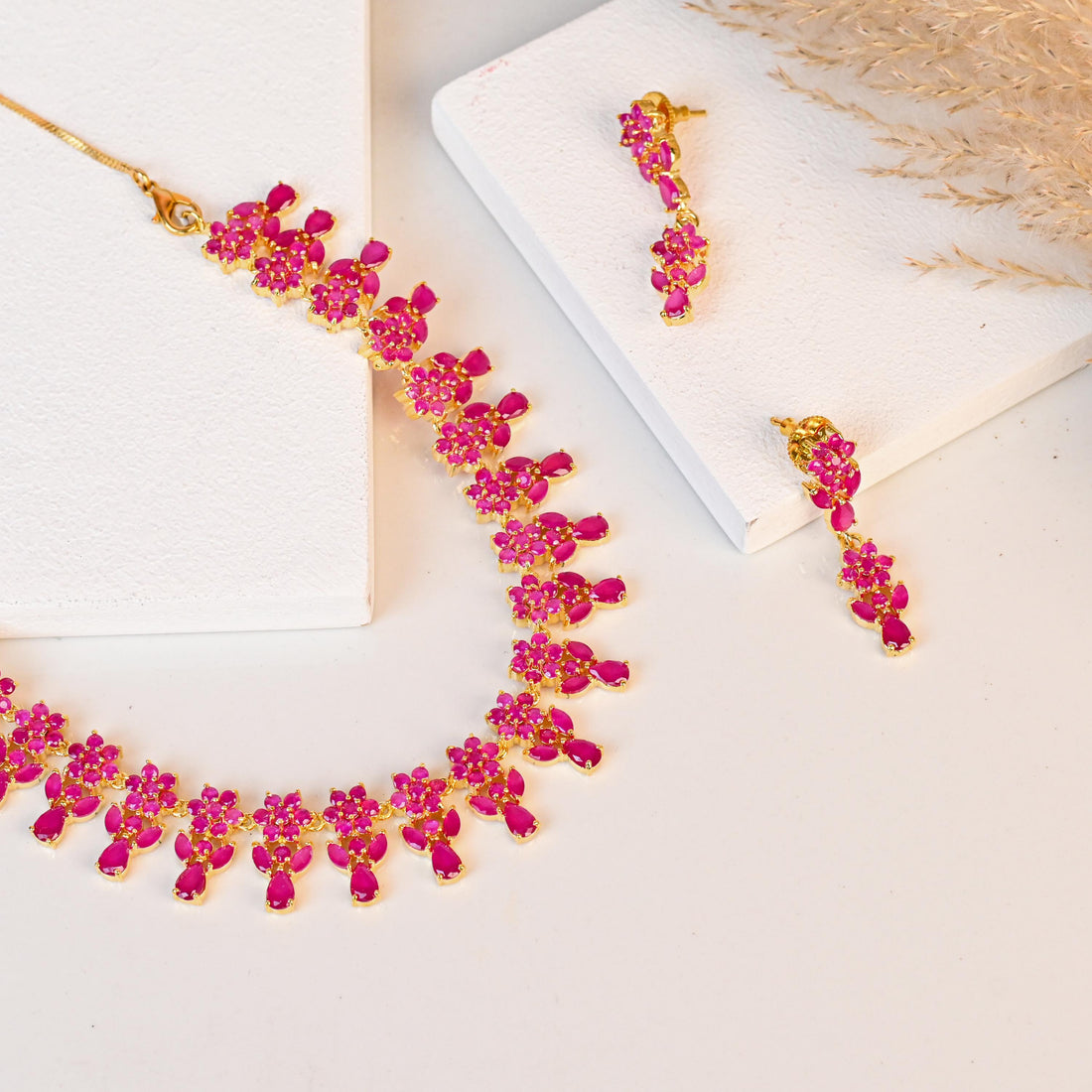 Premium Ruby Necklace Set | Gold Plated Indian Jewelry | Pink Stone Handmade Necklace & Earrings | Bridal Red Wedding Gift for Her — 2