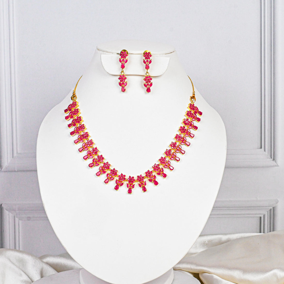 Premium Ruby Necklace Set | Gold Plated Indian Jewelry | Pink Stone Handmade Necklace & Earrings | Bridal Red Wedding Gift for Her