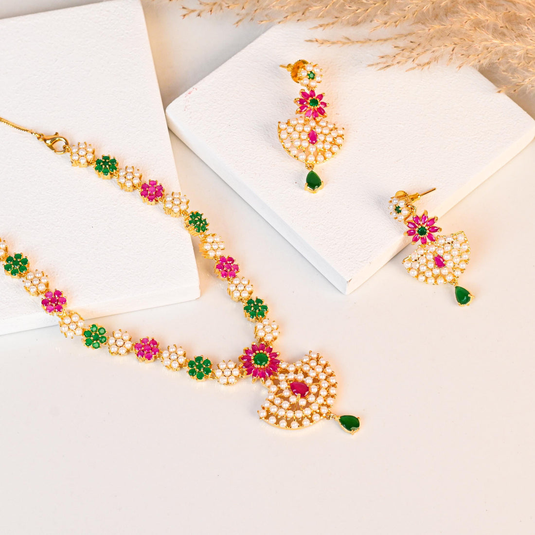 Gemstone Gold Plated Necklace, Ruby, Pearl & Emerald Handcrafted South Indian Wedding Jewelry, Ethnic Festive Party Jewelry, Gift For Her — 2
