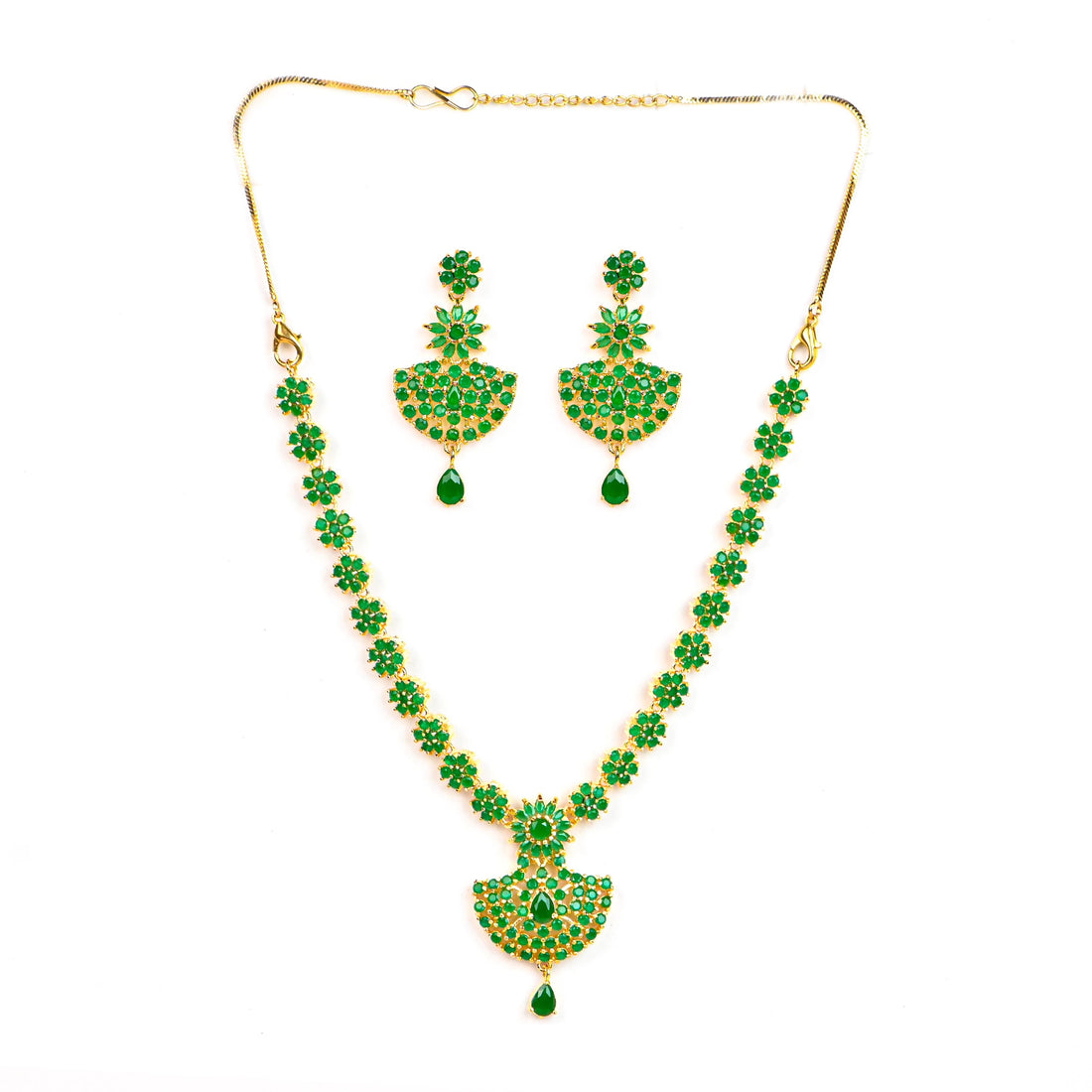 Green Stone Floral Necklace Set Emerald Gold Plated Necklace with Earrings | Green Necklace Jewelry |  Necklace Set | Gift For Her — 4